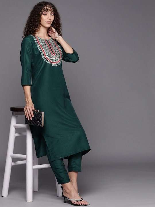Women Yoke Design Sequinned Kurta with Trousers - Inddus.com