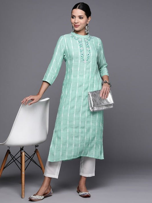 Women Yoke Design Thread Work Kurta With Trousers - Inddus.com
