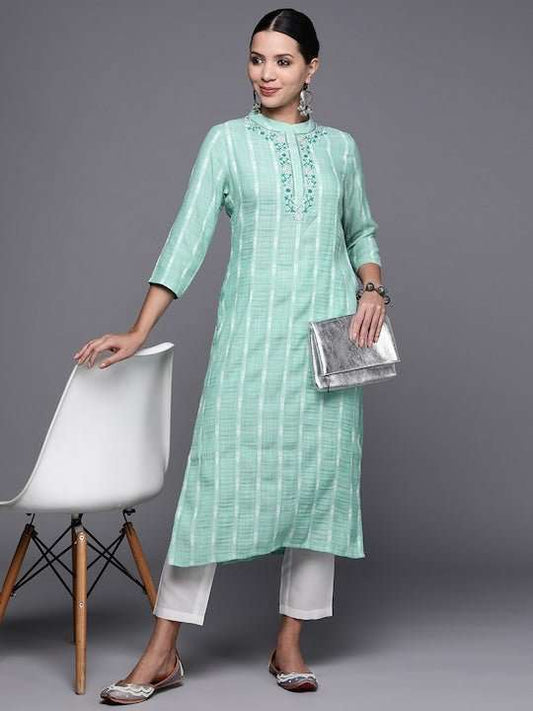 Women Yoke Design Thread Work Kurta With Trousers - Inddus.com