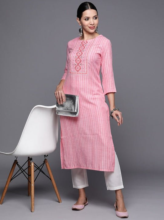 Women Yoke Design Thread Work Kurta With Trousers - Inddus.com