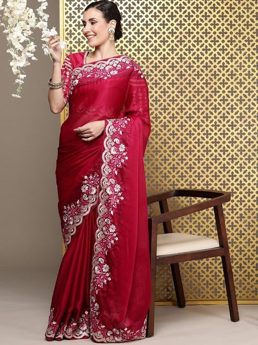 Women Zari Sequinned and Multi Thread Embroidered Saree - Inddus.com