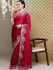 Women Zari Sequinned and Multi Thread Embroidered Saree - Inddus.com