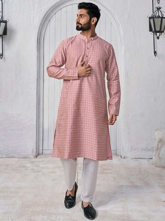 Woven Design Mandarin Collar Kurta - Inddus.com