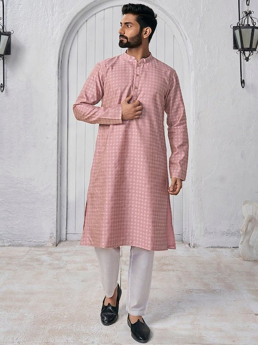 Woven Design Mandarin Collar Kurta - Inddus.com