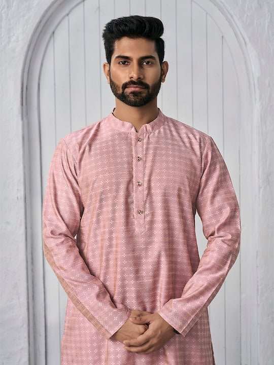 Woven Design Mandarin Collar Kurta - Inddus.com