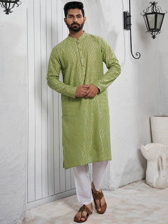 Woven Design Mandarin Collar Kurta - Inddus.com
