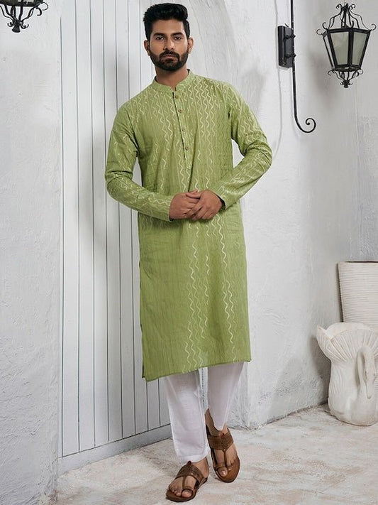 Woven Design Mandarin Collar Kurta - Inddus.com
