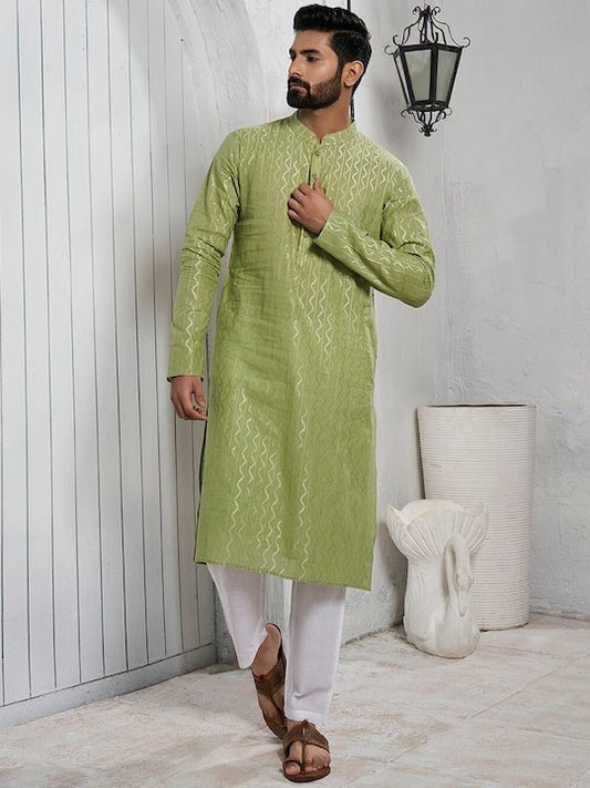 Woven Design Mandarin Collar Kurta - Inddus.com