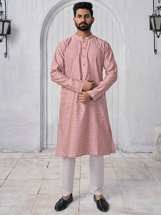 Woven Design Mandarin Collar Kurta - Inddus.com