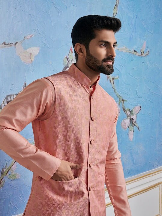 Woven-Design Mandarin Collar Nehru Jacket - Inddus.com