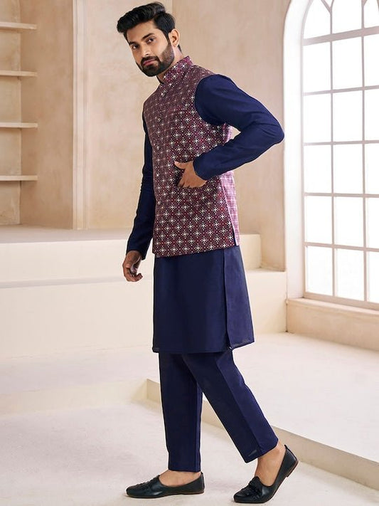 Woven-Design Mandarin Collar Nehru Jacket - Inddus.com