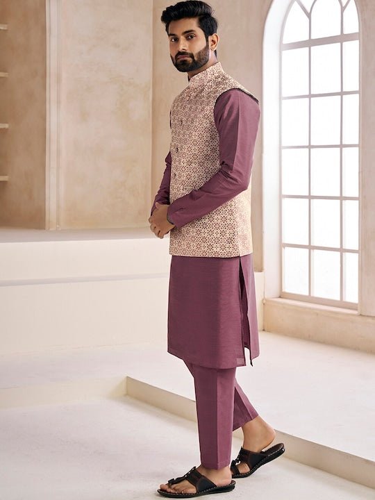 Woven-Design Mandarin Collar Nehru Jacket - Inddus.com