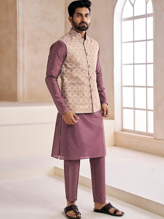 Woven-Design Mandarin Collar Nehru Jacket - Inddus.com
