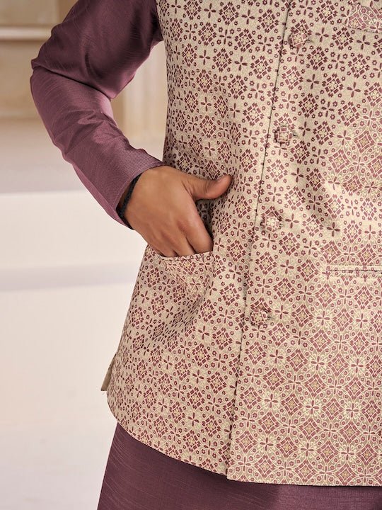 Woven-Design Mandarin Collar Nehru Jacket - Inddus.com