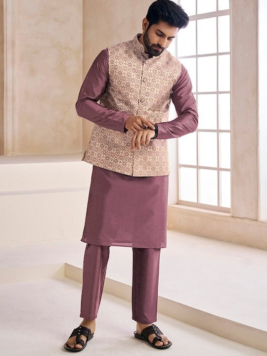 Woven-Design Mandarin Collar Nehru Jacket - Inddus.com