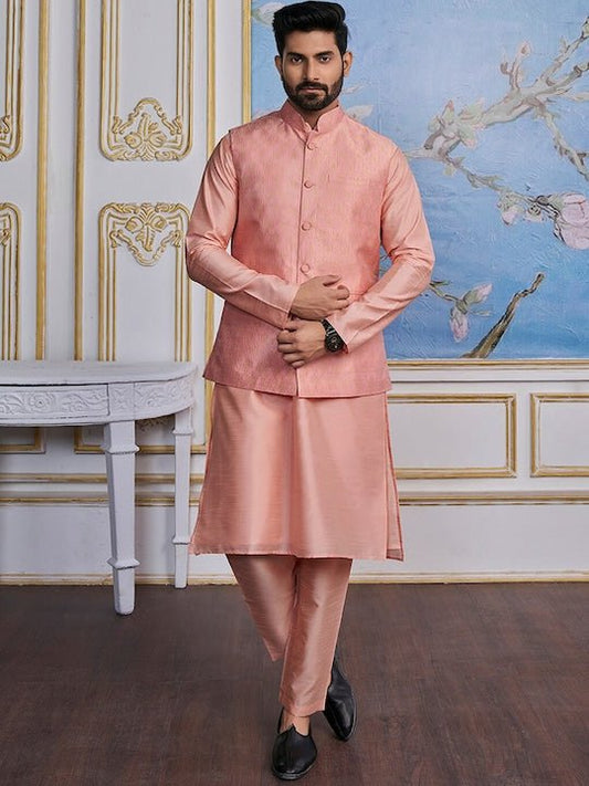 Woven-Design Mandarin Collar Nehru Jacket - Inddus.com