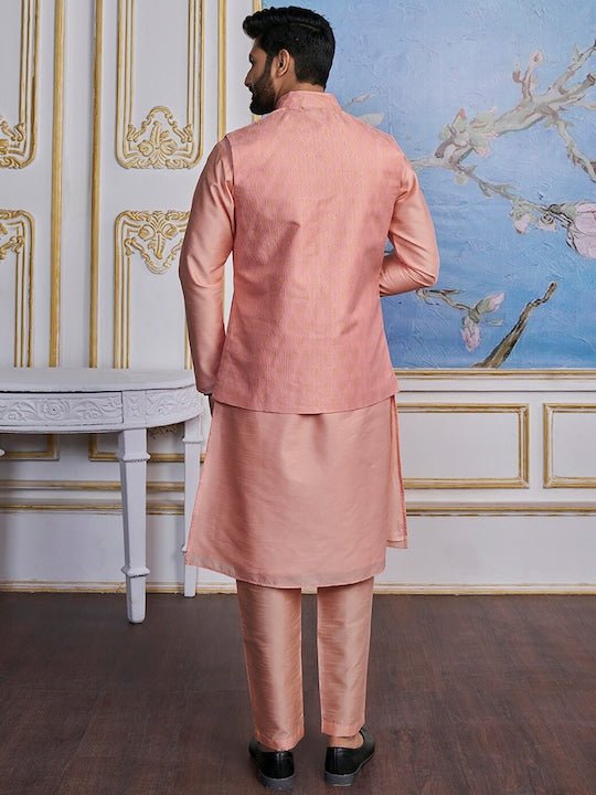 Woven-Design Mandarin Collar Nehru Jacket - Inddus.com