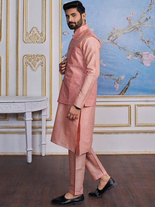 Woven-Design Mandarin Collar Nehru Jacket - Inddus.com