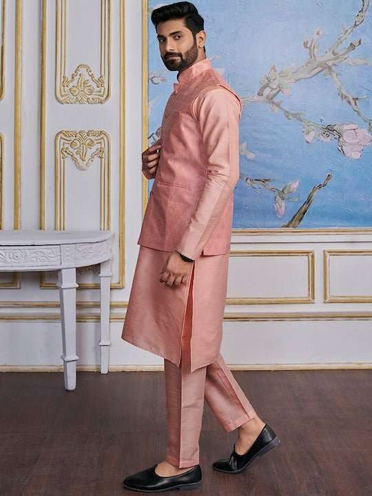 Woven-Design Mandarin Collar Nehru Jacket - Inddus.com