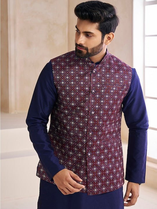 Woven-Design Mandarin Collar Nehru Jacket - Inddus.com