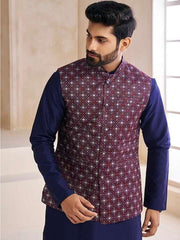 Woven-Design Mandarin Collar Nehru Jacket - Inddus.com