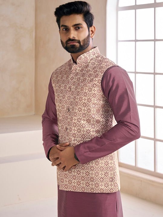 Woven-Design Mandarin Collar Nehru Jacket - Inddus.com