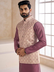 Woven-Design Mandarin Collar Nehru Jacket - Inddus.com