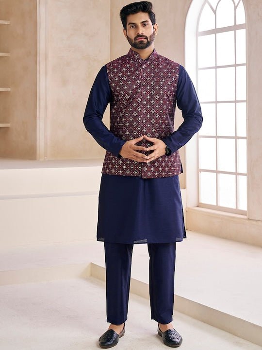 Woven-Design Mandarin Collar Nehru Jacket - Inddus.com