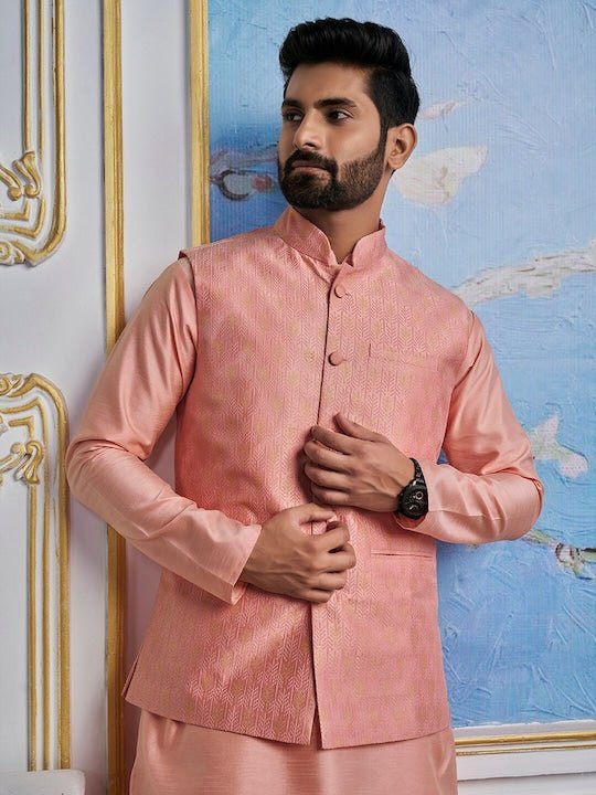 Woven-Design Mandarin Collar Nehru Jacket - Inddus.com