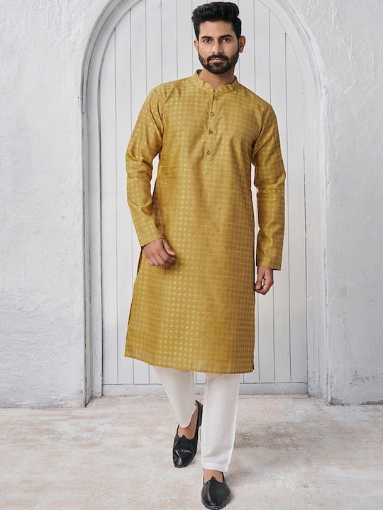 Woven Design Mandarin Collar Straight Kurta - Inddus.com