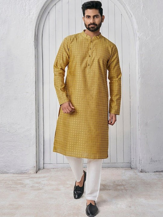 Woven Design Mandarin Collar Straight Kurta - Inddus.com