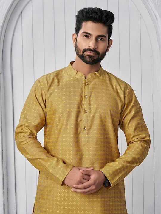 Woven Design Mandarin Collar Straight Kurta - Inddus.com