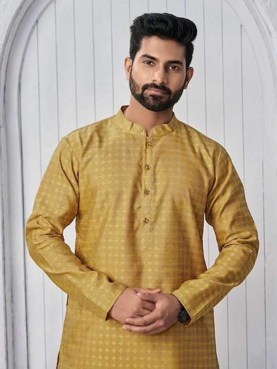 Woven Design Mandarin Collar Straight Kurta - Inddus.com