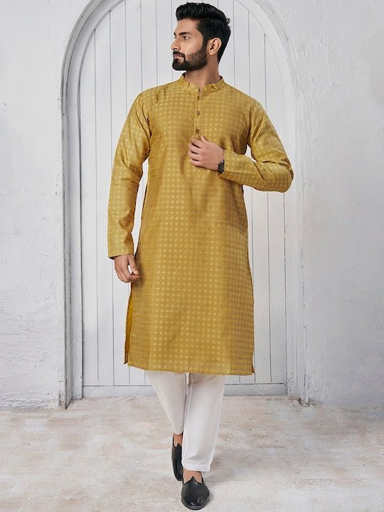Woven Design Mandarin Collar Straight Kurta - Inddus.com