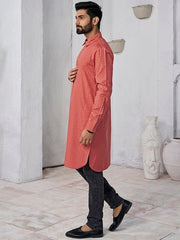 Woven Design Shirt Collar Cotton Straight Kurta - Inddus.com