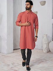 Woven Design Shirt Collar Cotton Straight Kurta - Inddus.com