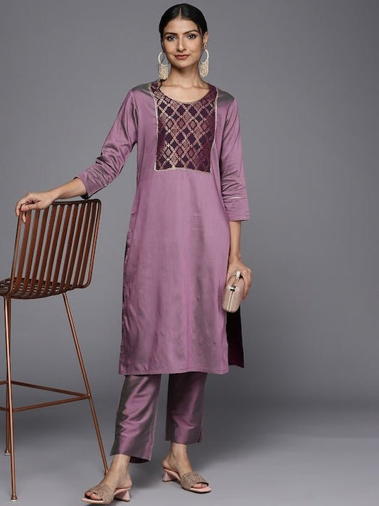Woven Design Yoke Design Kurta with Trousers - Inddus.com