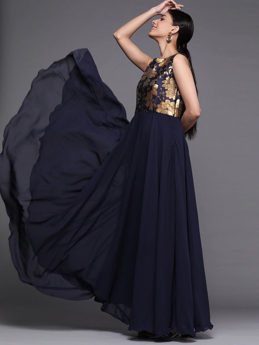 Woven Navy Blue Georgette Partywear Gown Dress - inddus-us