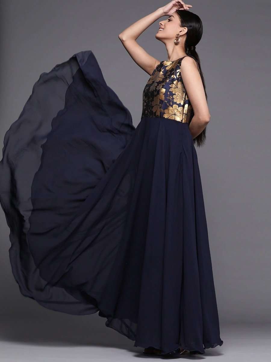 Woven Navy Blue Georgette Partywear Gown Dress - inddus-us