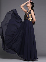 Woven Navy Blue Georgette Partywear Gown Dress - inddus-us