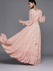 Woven Pink Georgette Partywear Maxi Dress - inddus-us