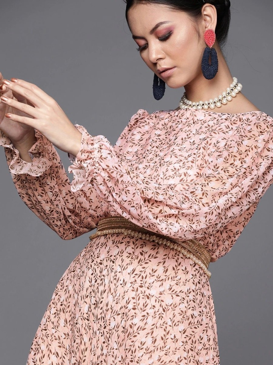 Woven Pink Georgette Partywear Maxi Dress - inddus-us