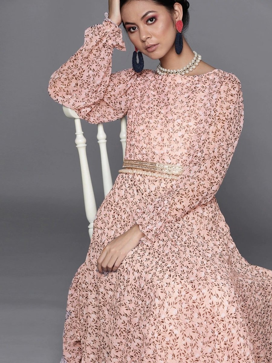 Woven Pink Georgette Partywear Maxi Dress - inddus-us