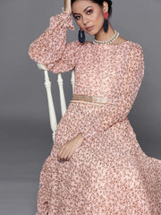 Woven Pink Georgette Partywear Maxi Dress - inddus-us