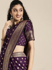 Woven Purple Silk Blend Banarasi Saree - inddus-us