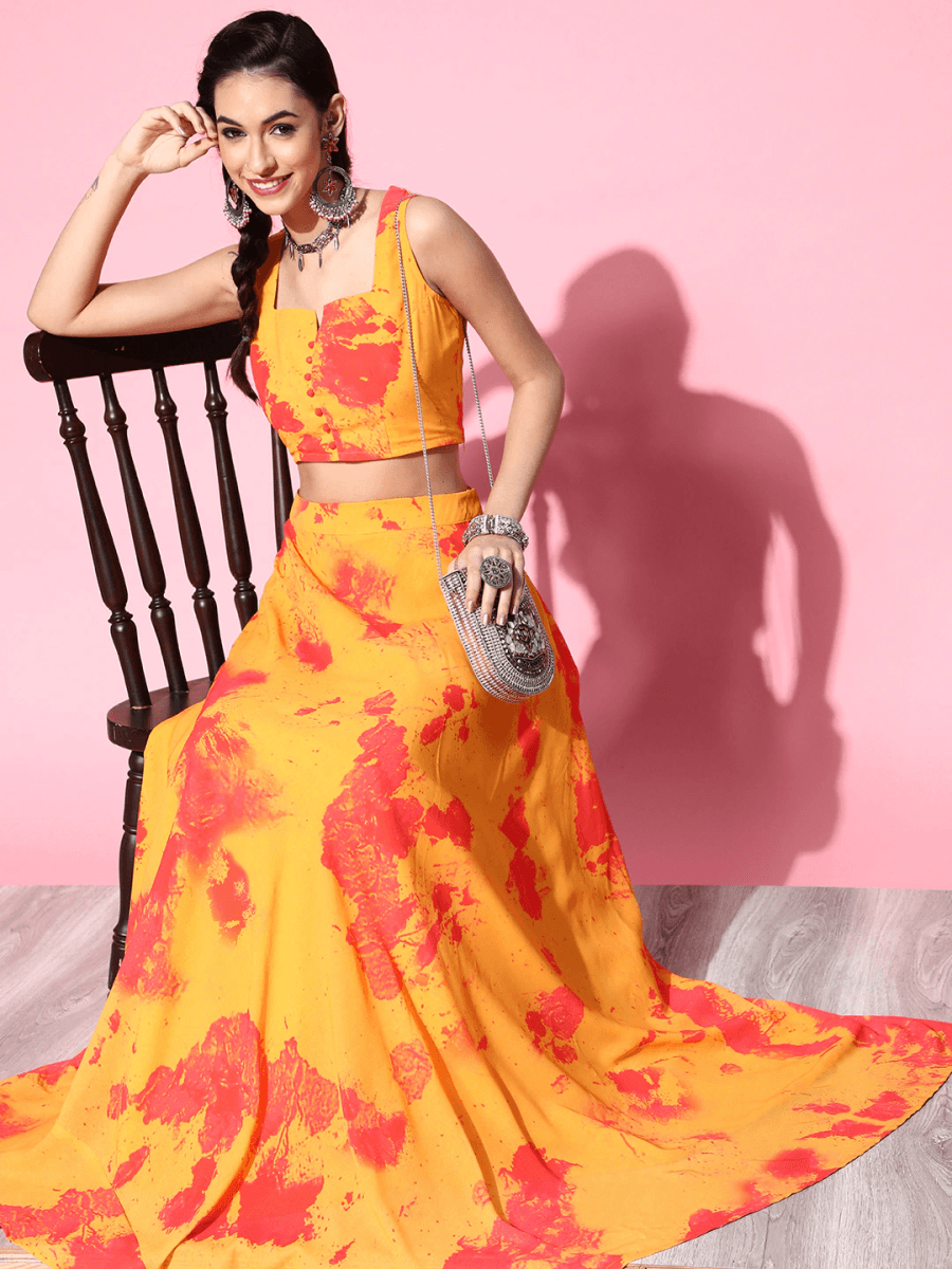 Yellow Digital Print Skirt with Printed Top - Inddus.com