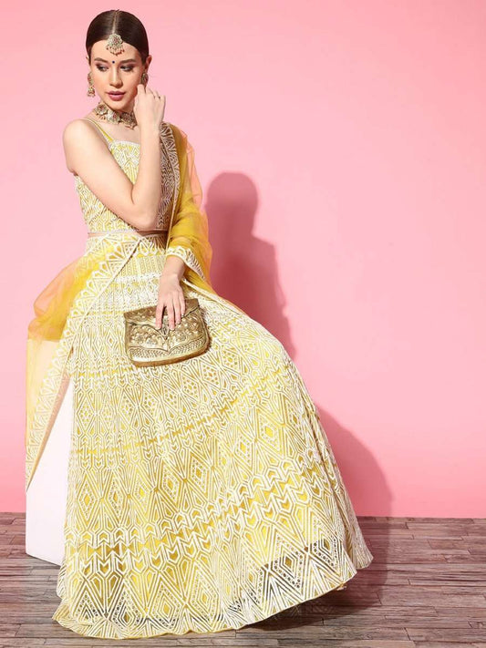 Yellow Embroidered Semi-stitched Lehenga Choli With Dupatta - Inddus.com