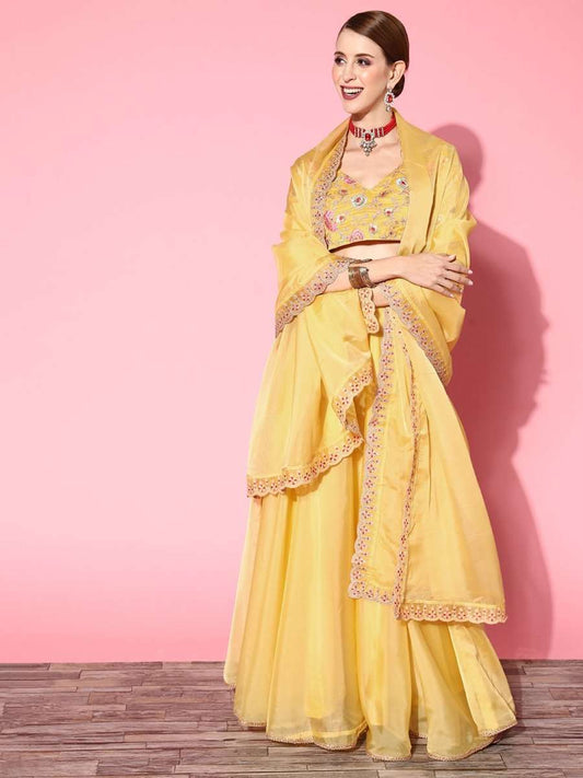 Yellow Embroidered Semi-stitched Lehenga Choli With Dupatta - Inddus.com