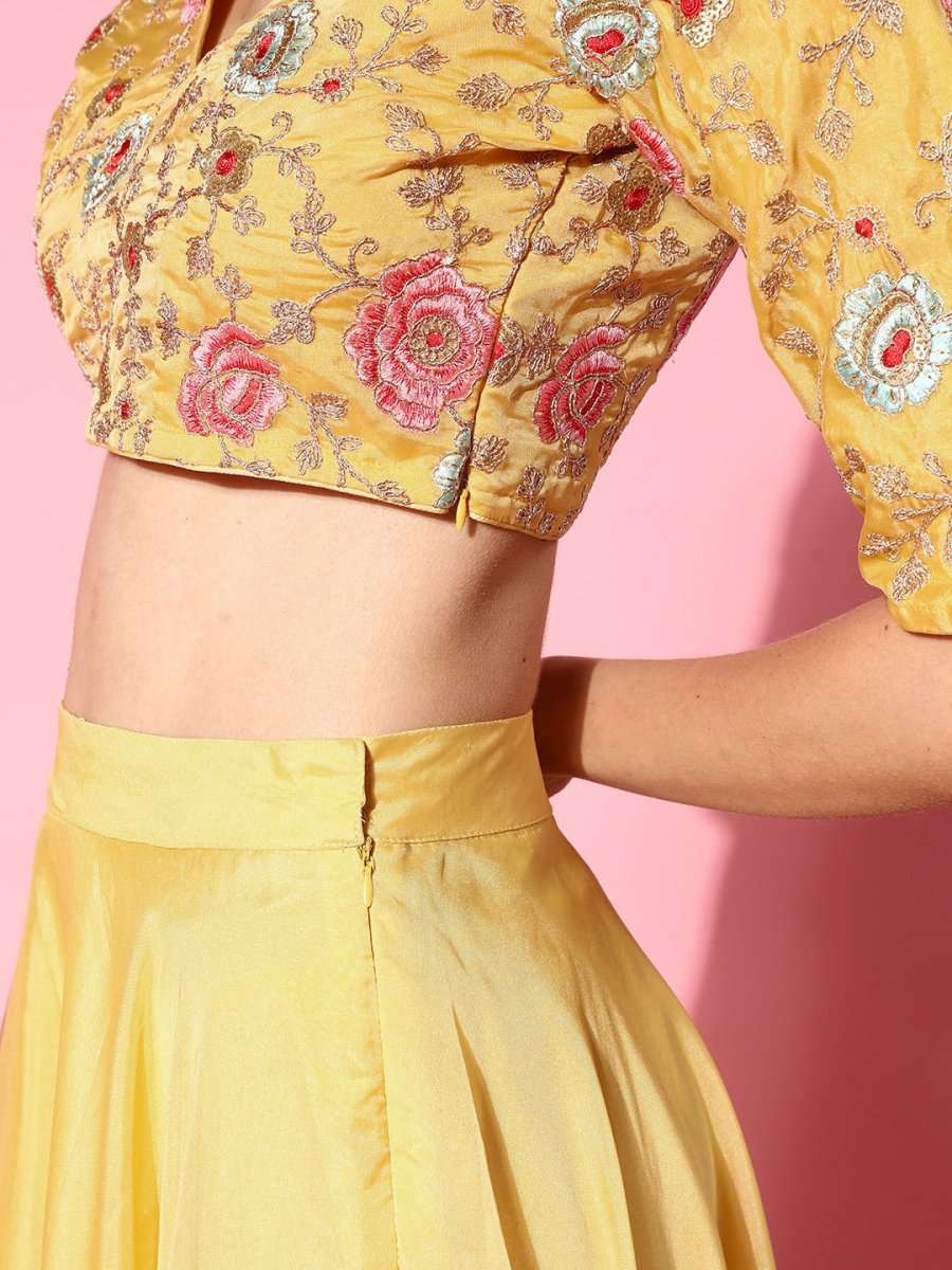 Yellow Embroidered Semi-stitched Lehenga Choli With Dupatta - Inddus.com