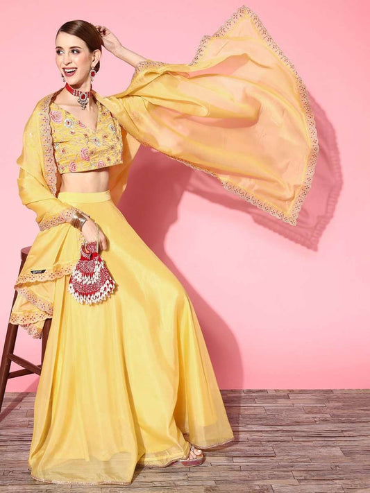 Yellow Embroidered Semi-stitched Lehenga Choli With Dupatta - Inddus.com